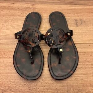 TORY BURCH Miller Thong Flat Sandal Tortoise Brown Women Size 8 Slip-On Casual